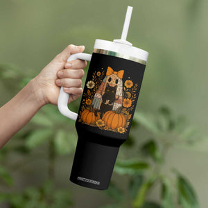 Halloween Vintage Patchwork Ghost Holding Black Cat Groovy Floral Tumbler With Handle TS11 Print Your Wear
