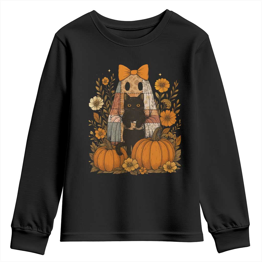 Halloween Vintage Patchwork Ghost Holding Black Cat Groovy Floral Youth Sweatshirt TS11 Black Print Your Wear