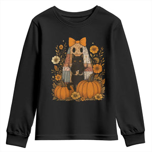Halloween Vintage Patchwork Ghost Holding Black Cat Groovy Floral Youth Sweatshirt TS11 Black Print Your Wear