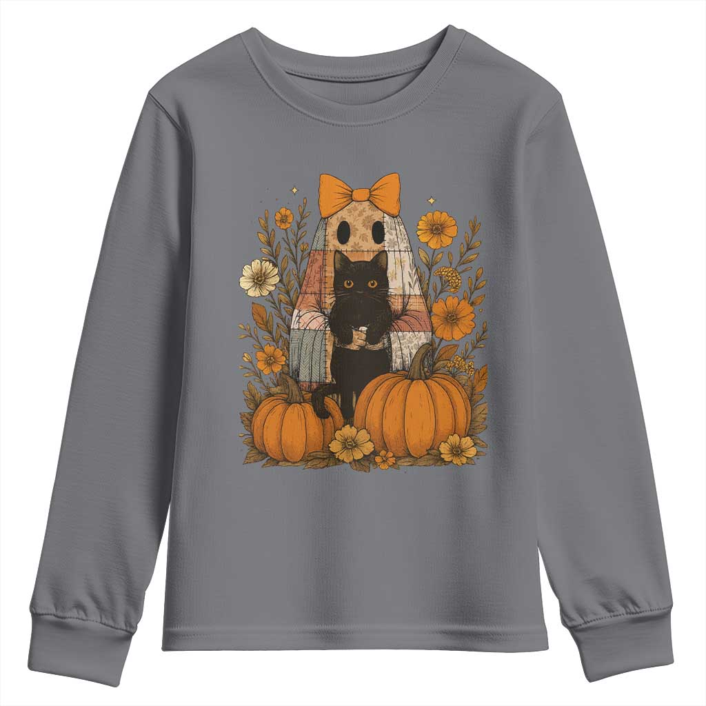 Halloween Vintage Patchwork Ghost Holding Black Cat Groovy Floral Youth Sweatshirt TS11 Charcoal Print Your Wear