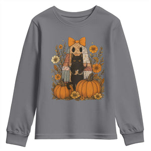 Halloween Vintage Patchwork Ghost Holding Black Cat Groovy Floral Youth Sweatshirt TS11 Charcoal Print Your Wear