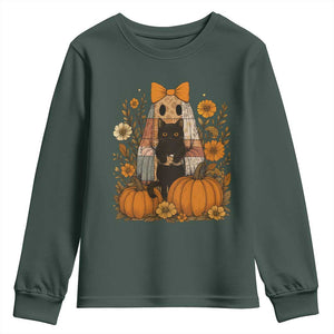 Halloween Vintage Patchwork Ghost Holding Black Cat Groovy Floral Youth Sweatshirt TS11 Dark Forest Green Print Your Wear