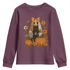 Halloween Vintage Patchwork Ghost Holding Black Cat Groovy Floral Youth Sweatshirt TS11 Maroon Print Your Wear