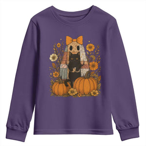 Halloween Vintage Patchwork Ghost Holding Black Cat Groovy Floral Youth Sweatshirt TS11 Purple Print Your Wear