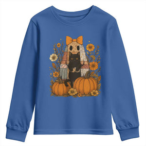 Halloween Vintage Patchwork Ghost Holding Black Cat Groovy Floral Youth Sweatshirt TS11 Royal Blue Print Your Wear