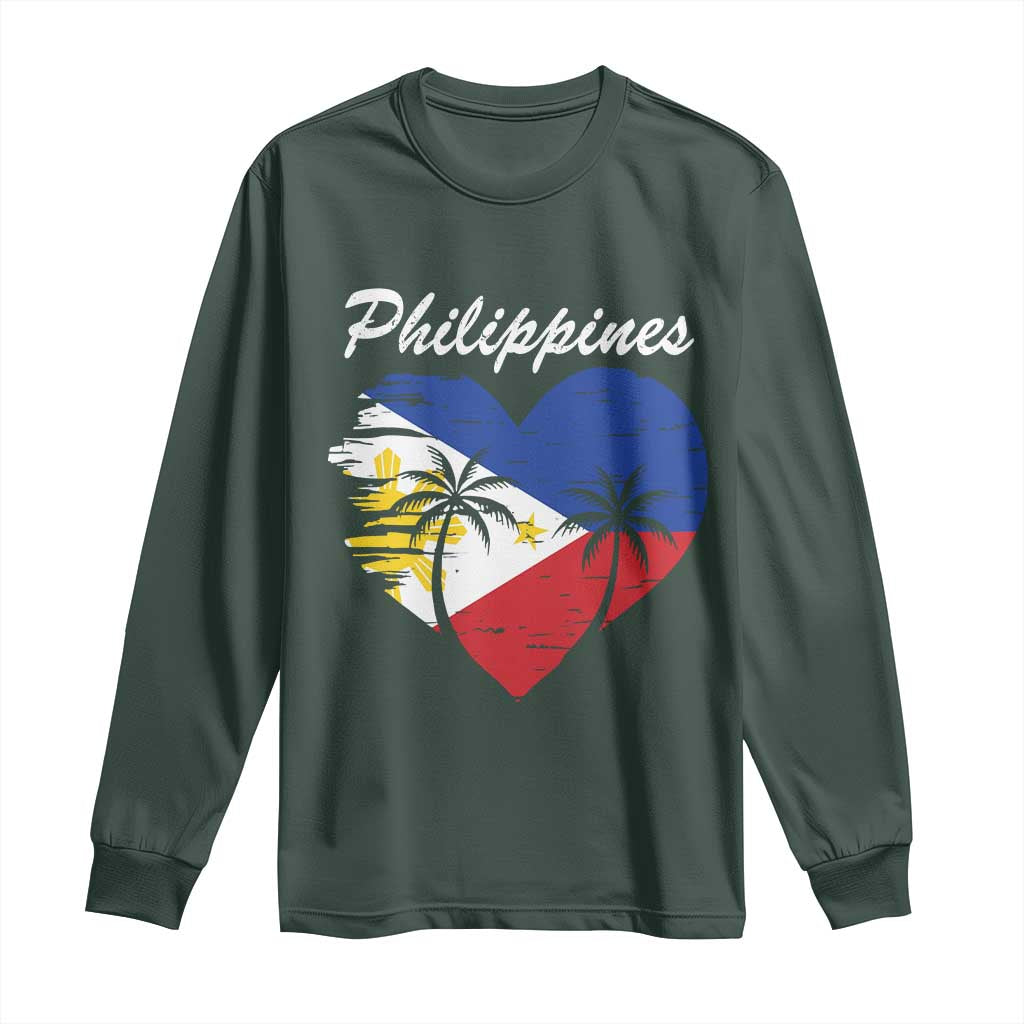 Filipino Pride Long Sleeve Shirt Pinoy Vintage Philippines Flag Heart TS11 Dark Forest Green Print Your Wear