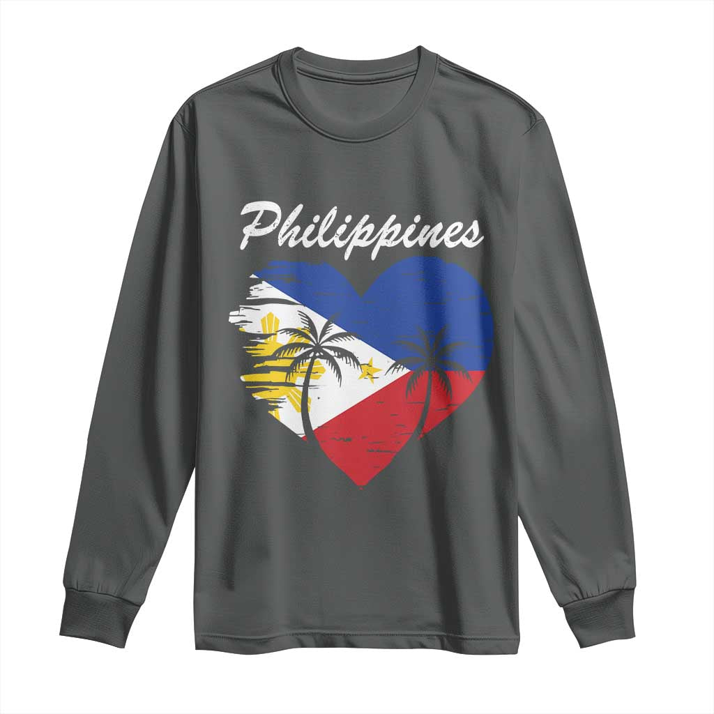 Filipino Pride Long Sleeve Shirt Pinoy Vintage Philippines Flag Heart TS11 Dark Heather Print Your Wear
