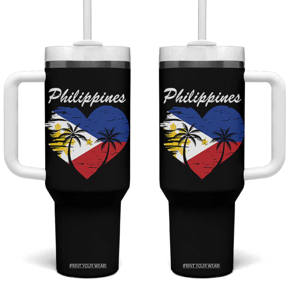 Filipino Pride Tumbler With Handle Pinoy Vintage Philippines Flag Heart TS11 One Size: 40 oz Black Print Your Wear