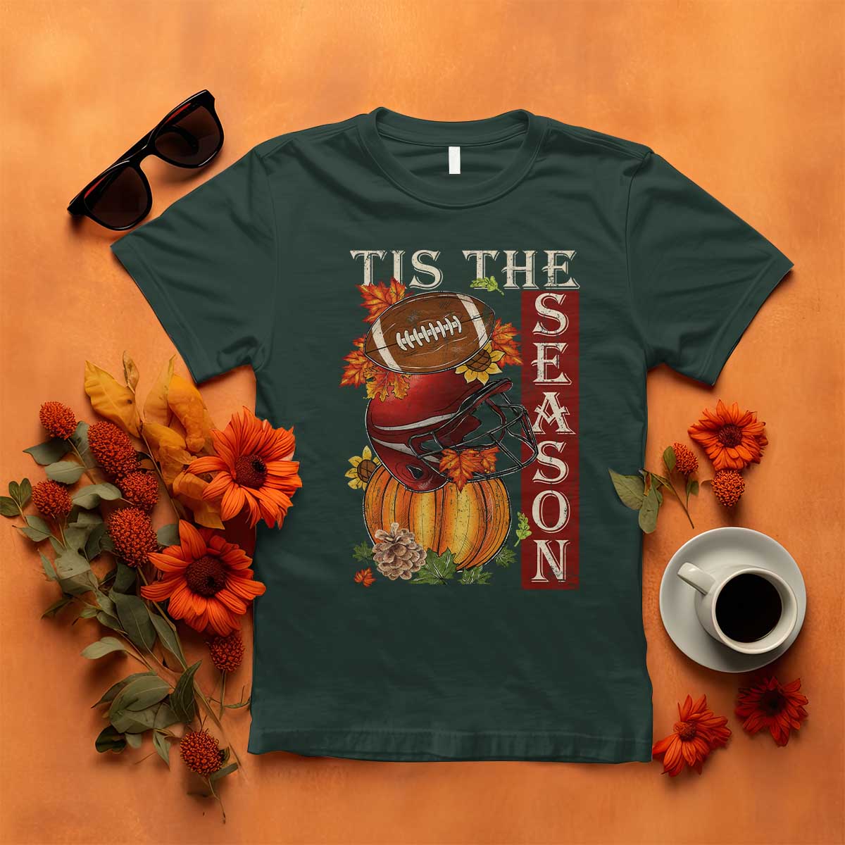 Thanksgiving Tis The Season T Shirt American Football Pumpkin Fall Season TS11 Dark Forest Green Print Your Wear