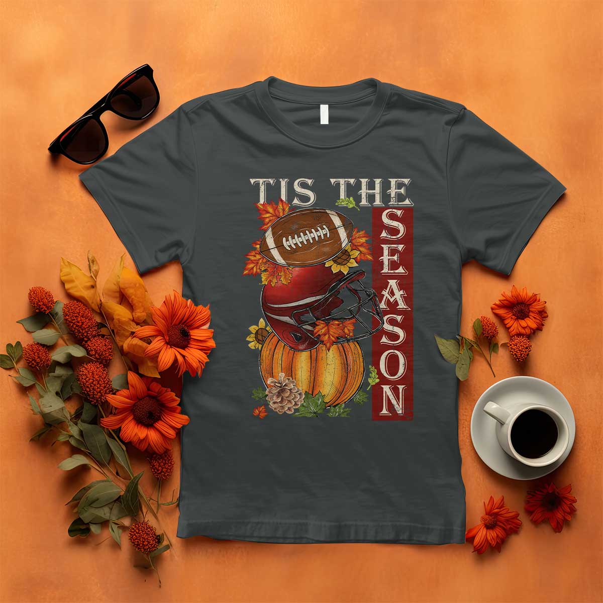 Thanksgiving Tis The Season T Shirt American Football Pumpkin Fall Season TS11 Dark Heather Print Your Wear
