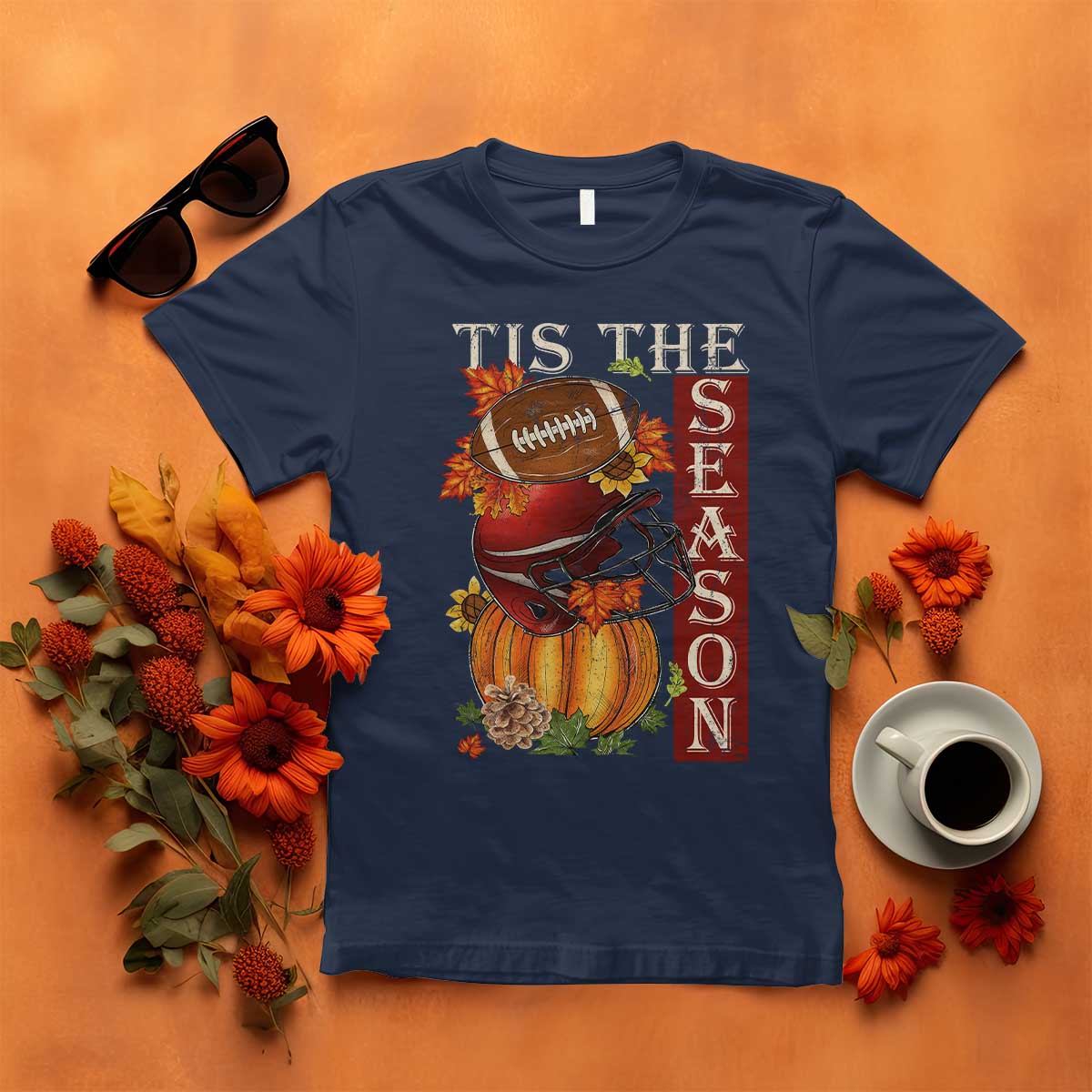 Thanksgiving Tis The Season T Shirt American Football Pumpkin Fall Season TS11 Navy Print Your Wear