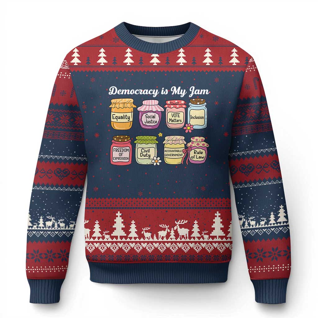 Democracy Is My Jam Ugly Christmas Sweater Social Justice Protest Resist TS11 Navy Red Print Your Wear