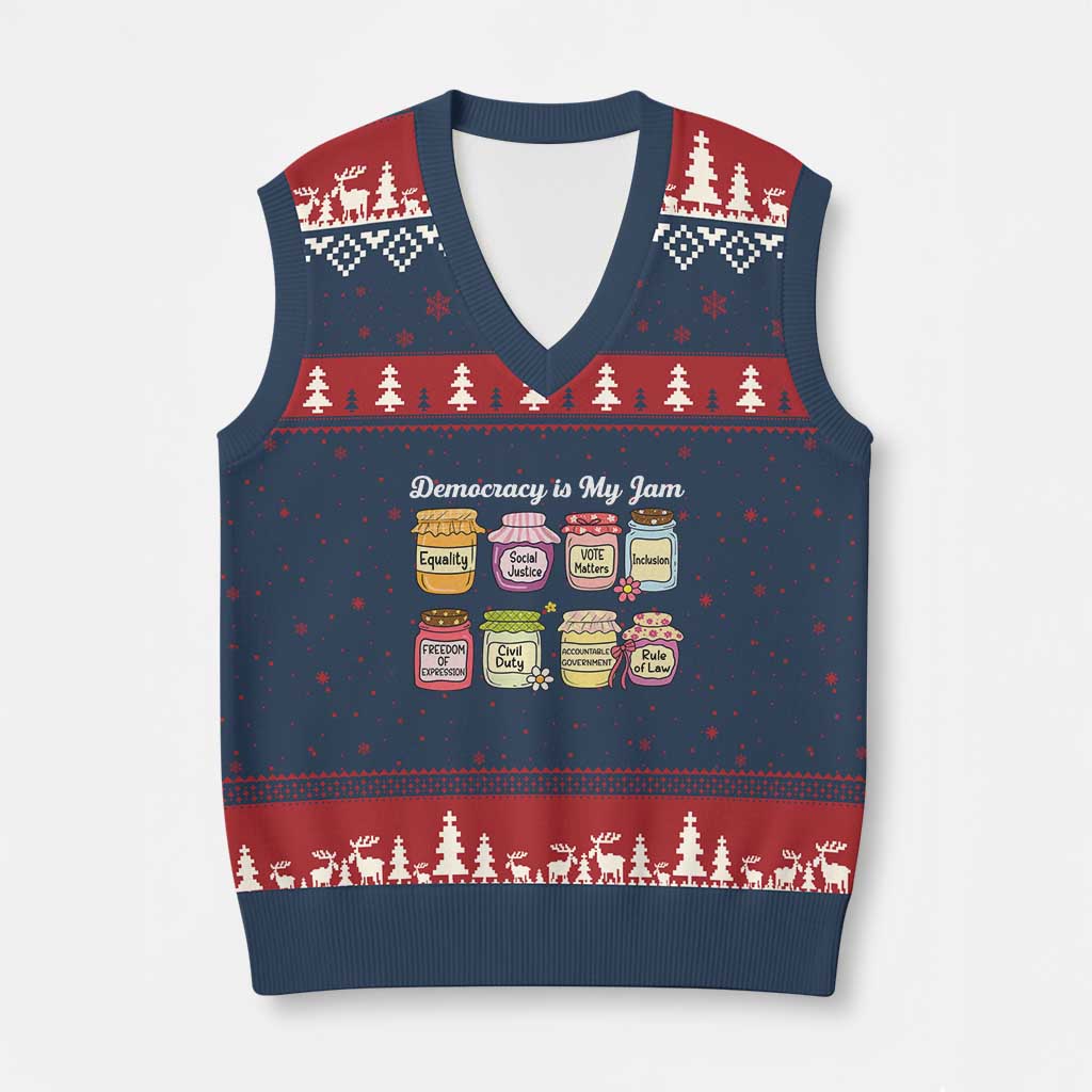 Democracy Is My Jam V-Neck Knit Sweater Vest Social Justice Protest Resist TS11 Navy Red Print Your Wear