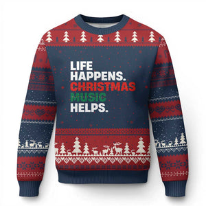 Funny Life Happens Xmas Music Helps Ugly Christmas Sweater Xmas Songs Holiday Season TS11 Navy Red Print Your Wear