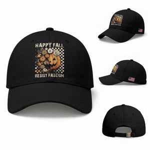 Happy Fall Resist Fascism Baseball Cap Halloween Fall Pumpkin TS11 Baseball Cap Universal Fit Black Print Your Wear