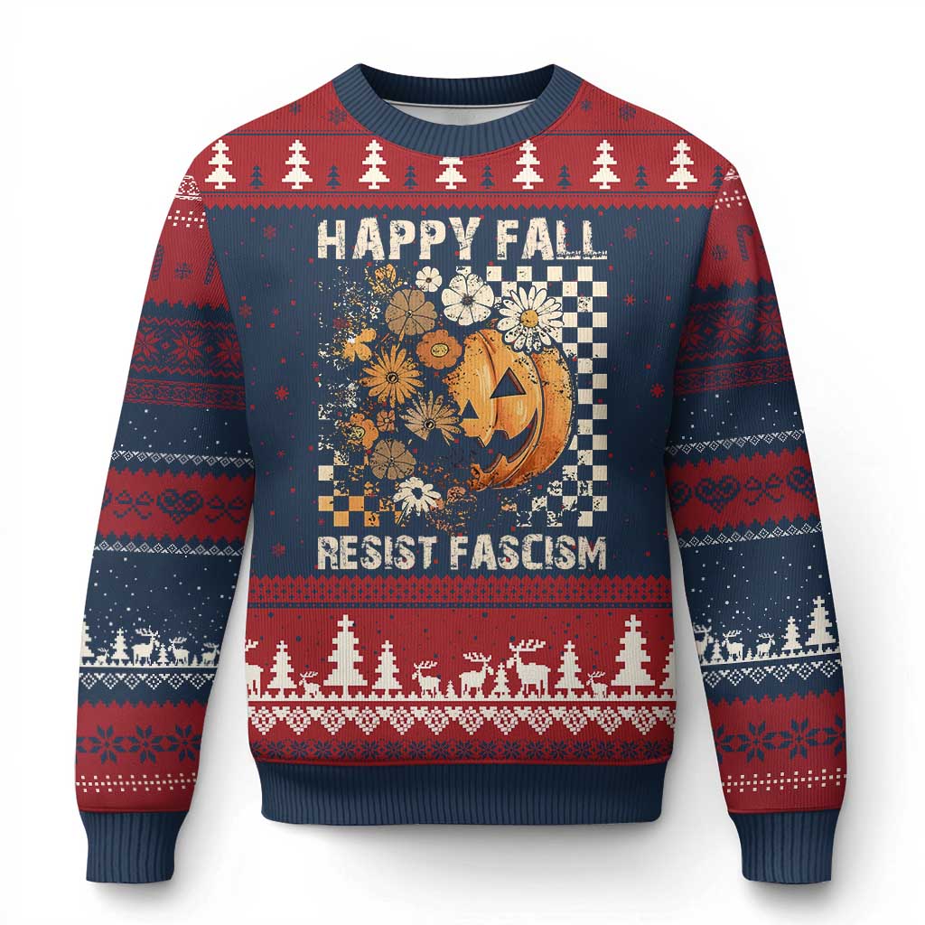 Happy Fall Resist Fascism Ugly Christmas Sweater Halloween Fall Pumpkin TS11 Navy Red Print Your Wear