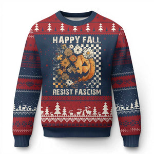 Happy Fall Resist Fascism Ugly Christmas Sweater Halloween Fall Pumpkin TS11 Navy Red Print Your Wear