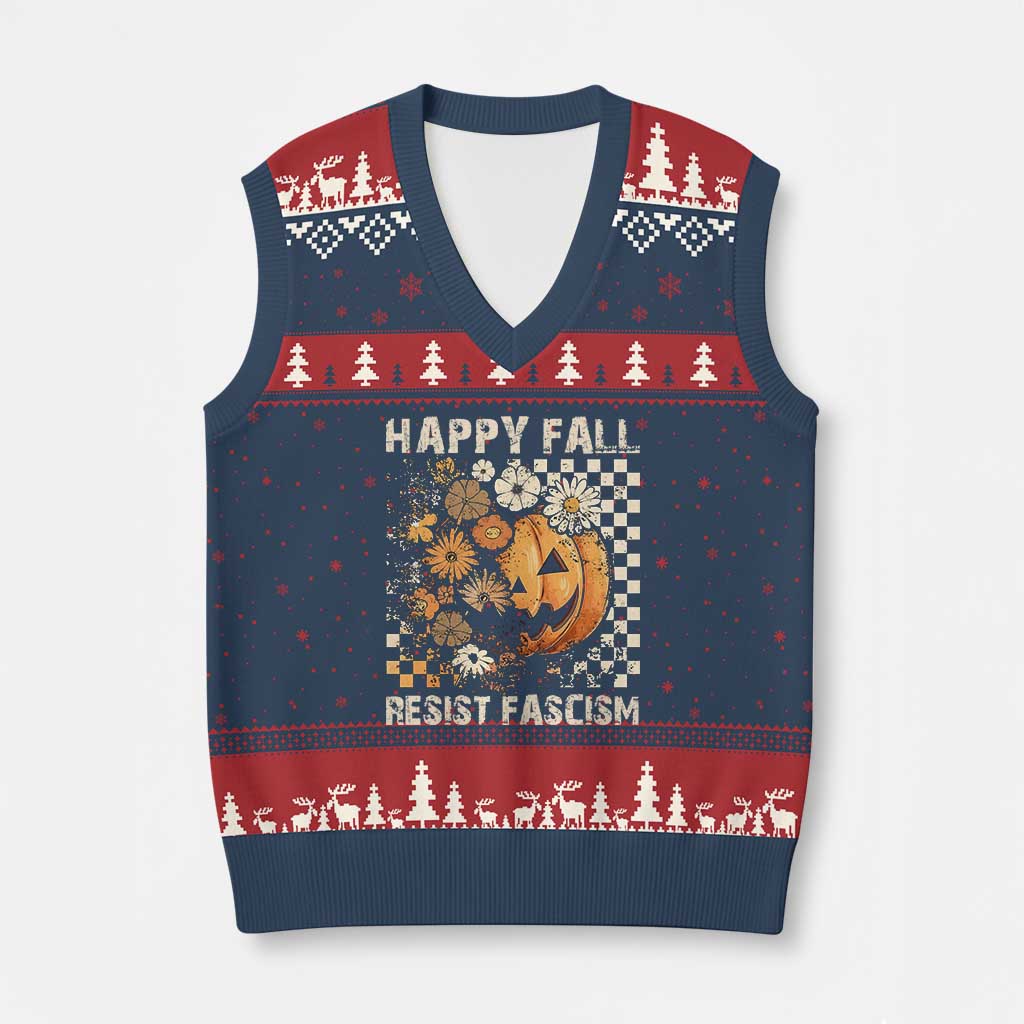 Happy Fall Resist Fascism V-Neck Knit Sweater Vest Halloween Fall Pumpkin TS11 Navy Red Print Your Wear
