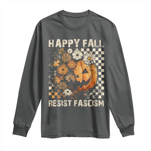 Happy Fall Resist Fascism Long Sleeve Shirt Halloween Fall Pumpkin TS11 Dark Heather Print Your Wear