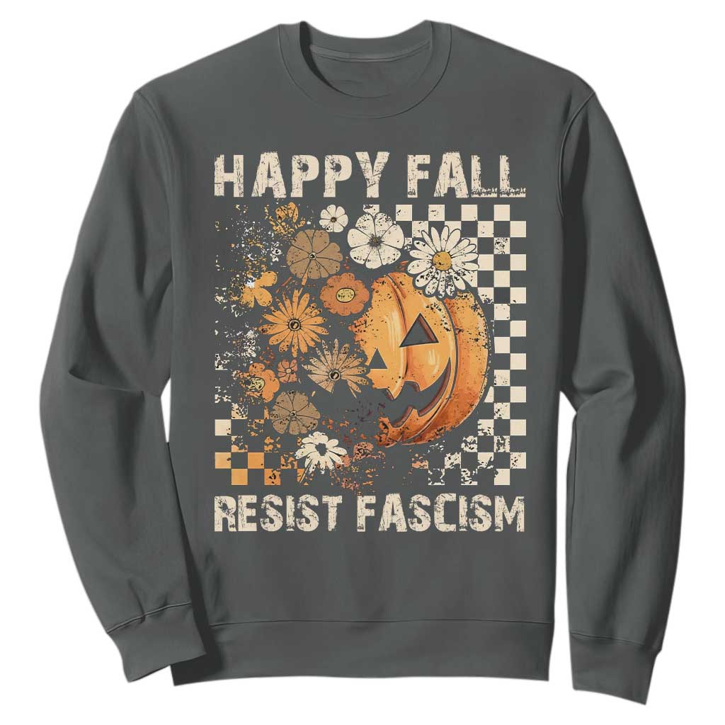 Happy Fall Resist Fascism Sweatshirt Halloween Fall Pumpkin TS11 Dark Heather Print Your Wear