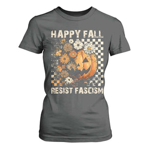 Happy Fall Resist Fascism T Shirt For Women Halloween Fall Pumpkin TS11 Dark Heather Print Your Wear