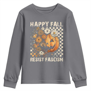 Happy Fall Resist Fascism Youth Sweatshirt Halloween Fall Pumpkin TS11 Charcoal Print Your Wear