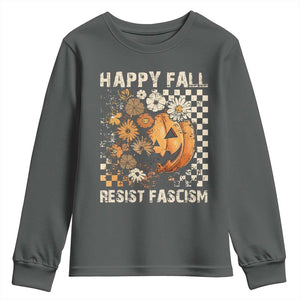 Happy Fall Resist Fascism Youth Sweatshirt Halloween Fall Pumpkin TS11 Dark Heather Print Your Wear