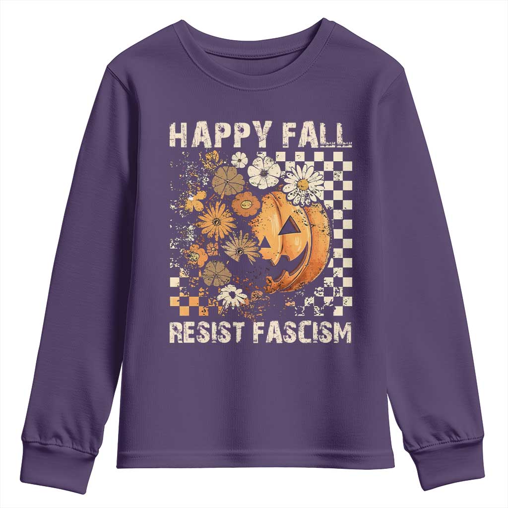 Happy Fall Resist Fascism Youth Sweatshirt Halloween Fall Pumpkin TS11 Purple Print Your Wear