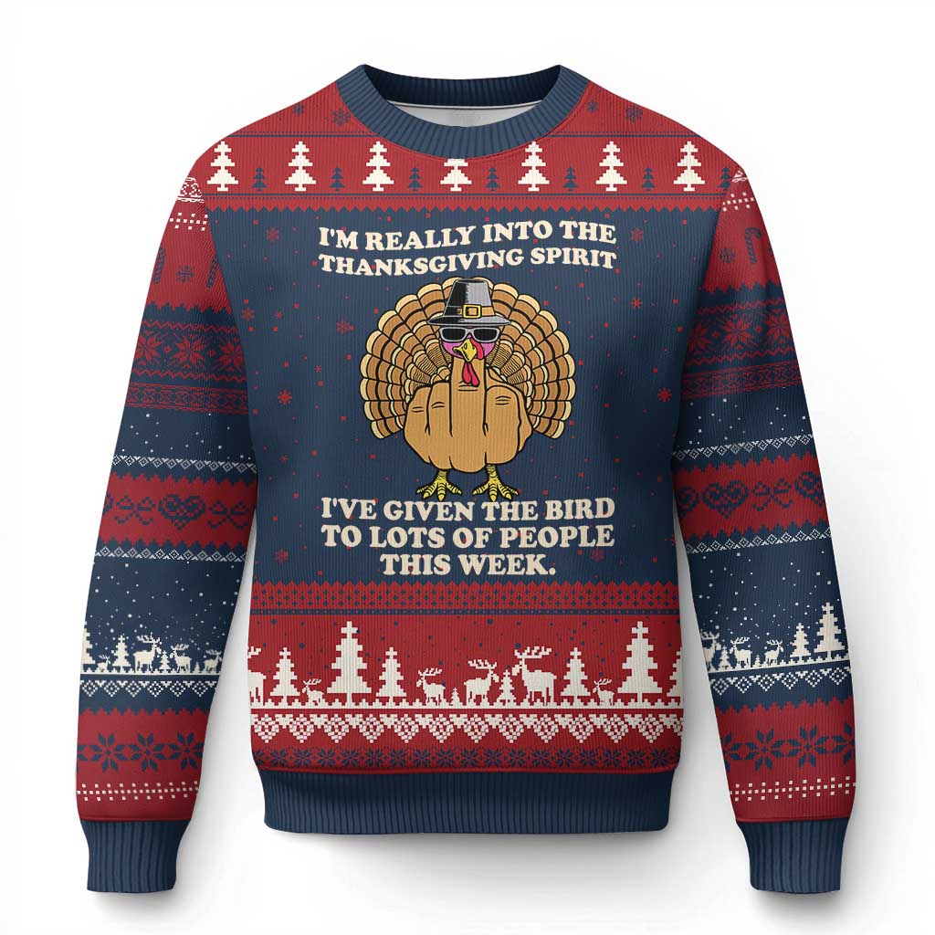 Funny Thanksgiving Turkey Ugly Christmas Sweater I Am Really Into The Thanksgiving Spirit I Have Given The Bird TS11 Navy Red Print Your Wear