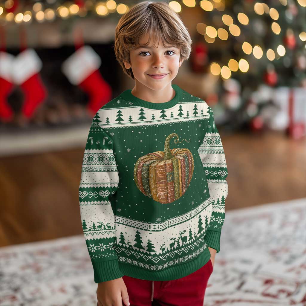 Book Pumpkin Autumn Fall Librarians Bookworm Teacher Ugly Christmas Sweater TS11 Forest Green Beige Print Your Wear