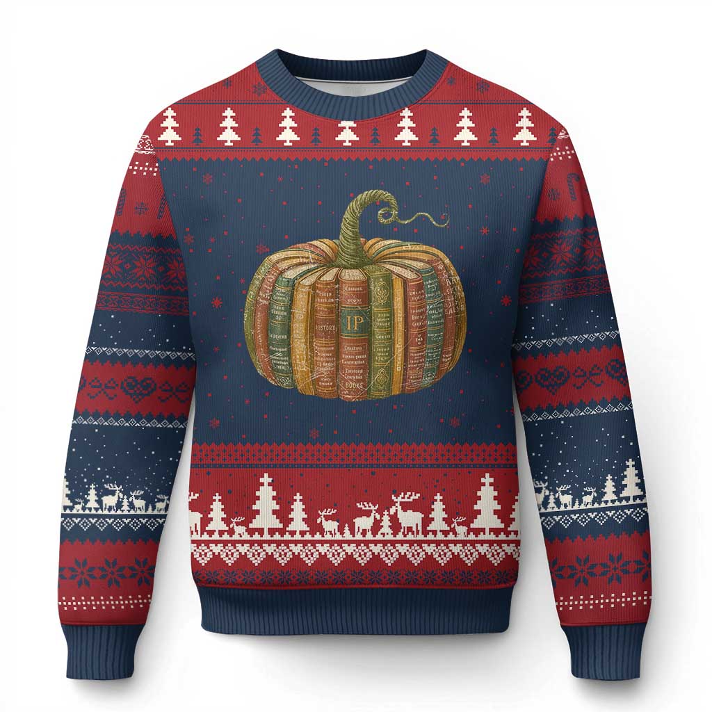 Book Pumpkin Autumn Fall Librarians Bookworm Teacher Ugly Christmas Sweater TS11 Navy Red Print Your Wear