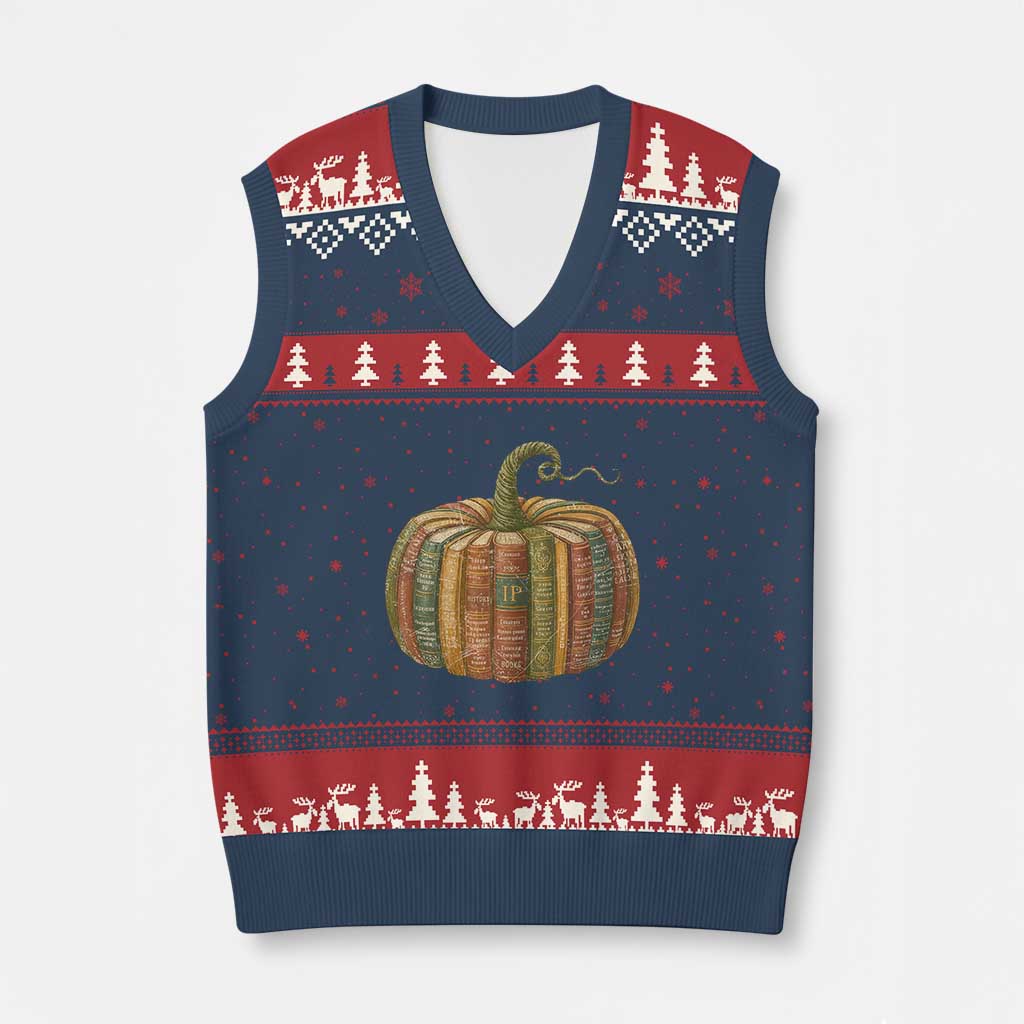 Book Pumpkin Autumn Fall Librarians Bookworm Teacher V-Neck Knit Sweater Vest TS11 Navy Red Print Your Wear