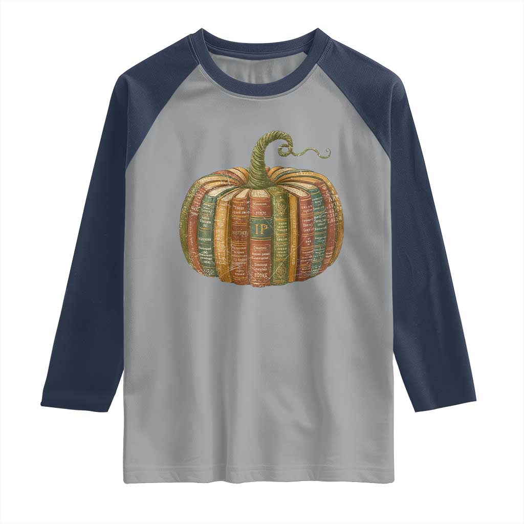 Book Pumpkin Autumn Fall Librarians Bookworm Teacher Raglan Shirt TS11 Sport Gray Navy Print Your Wear