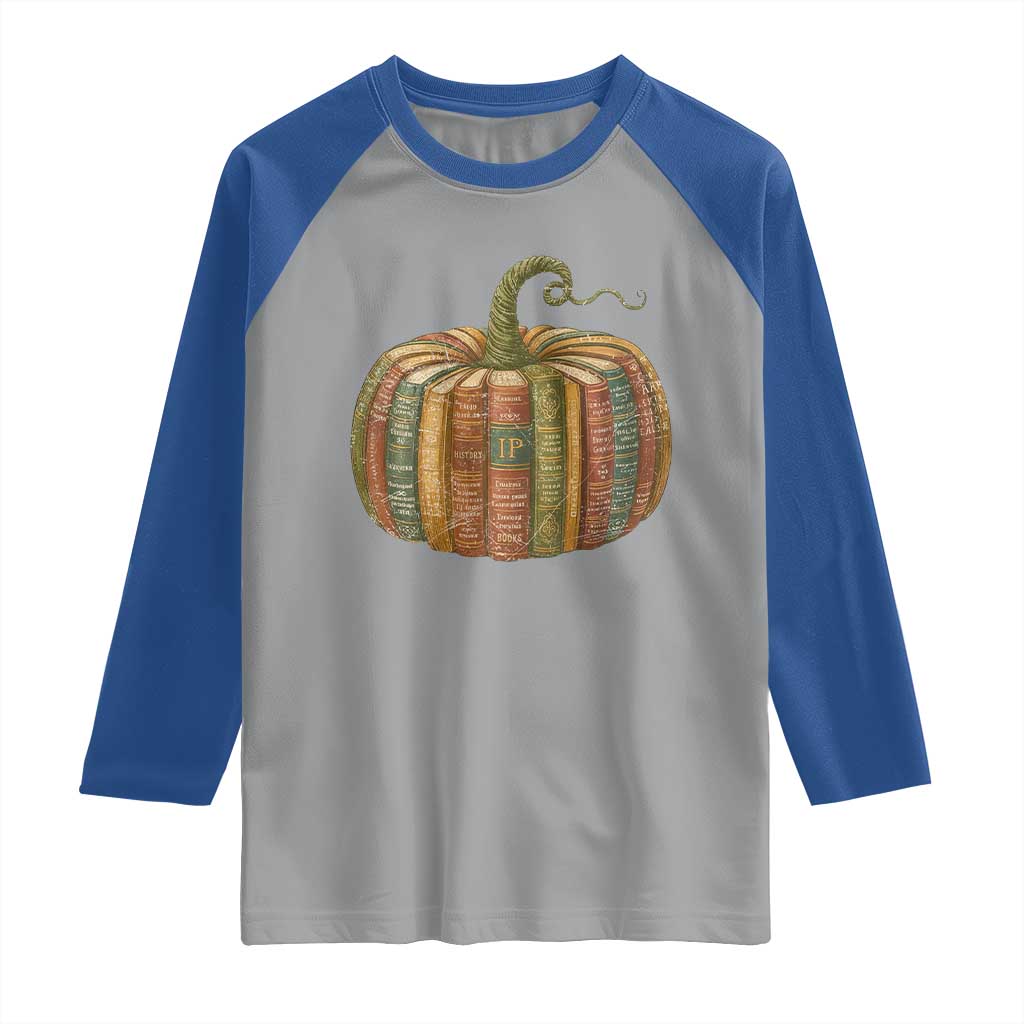 Book Pumpkin Autumn Fall Librarians Bookworm Teacher Raglan Shirt TS11 Sport Gray Royal Print Your Wear