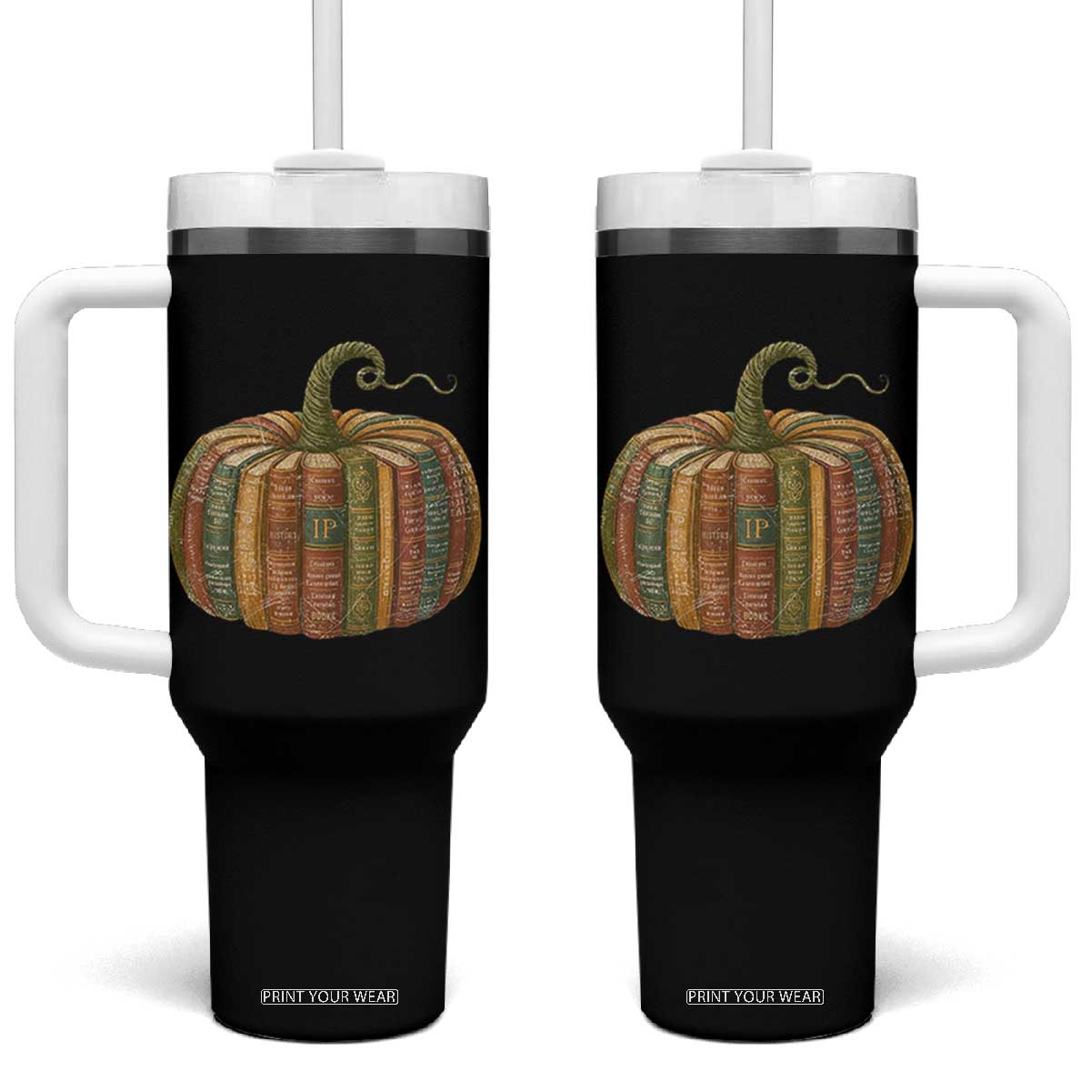 Book Pumpkin Autumn Fall Librarians Bookworm Teacher Tumbler With Handle TS11 One Size: 40 oz Black Print Your Wear