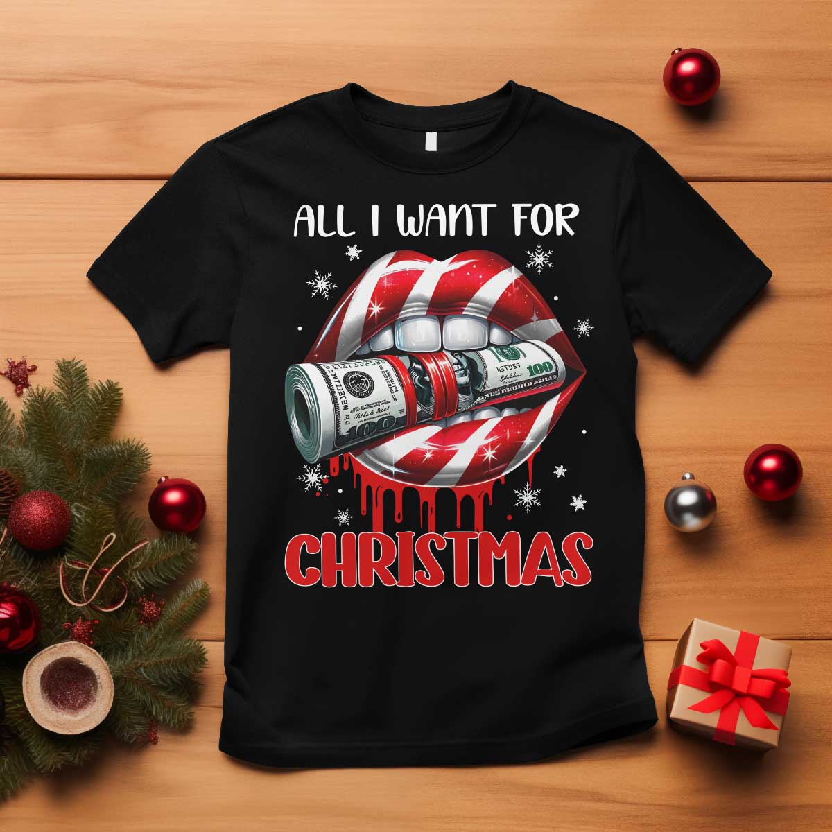 Funny All I Want For Christmas Is Money T Shirt Candy Cane Lips TS11 Black Print Your Wear