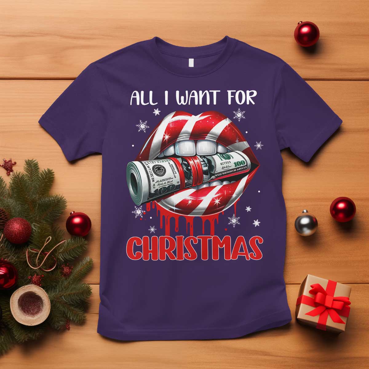 Funny All I Want For Christmas Is Money T Shirt Candy Cane Lips TS11 Purple Print Your Wear