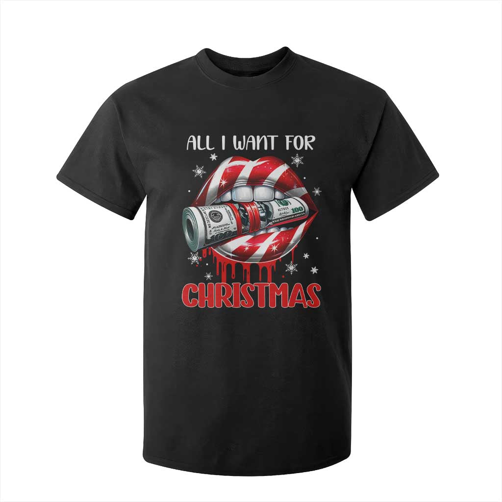 Funny All I Want For Christmas Is Money T Shirt For Kid Candy Cane Lips TS11 Black Print Your Wear