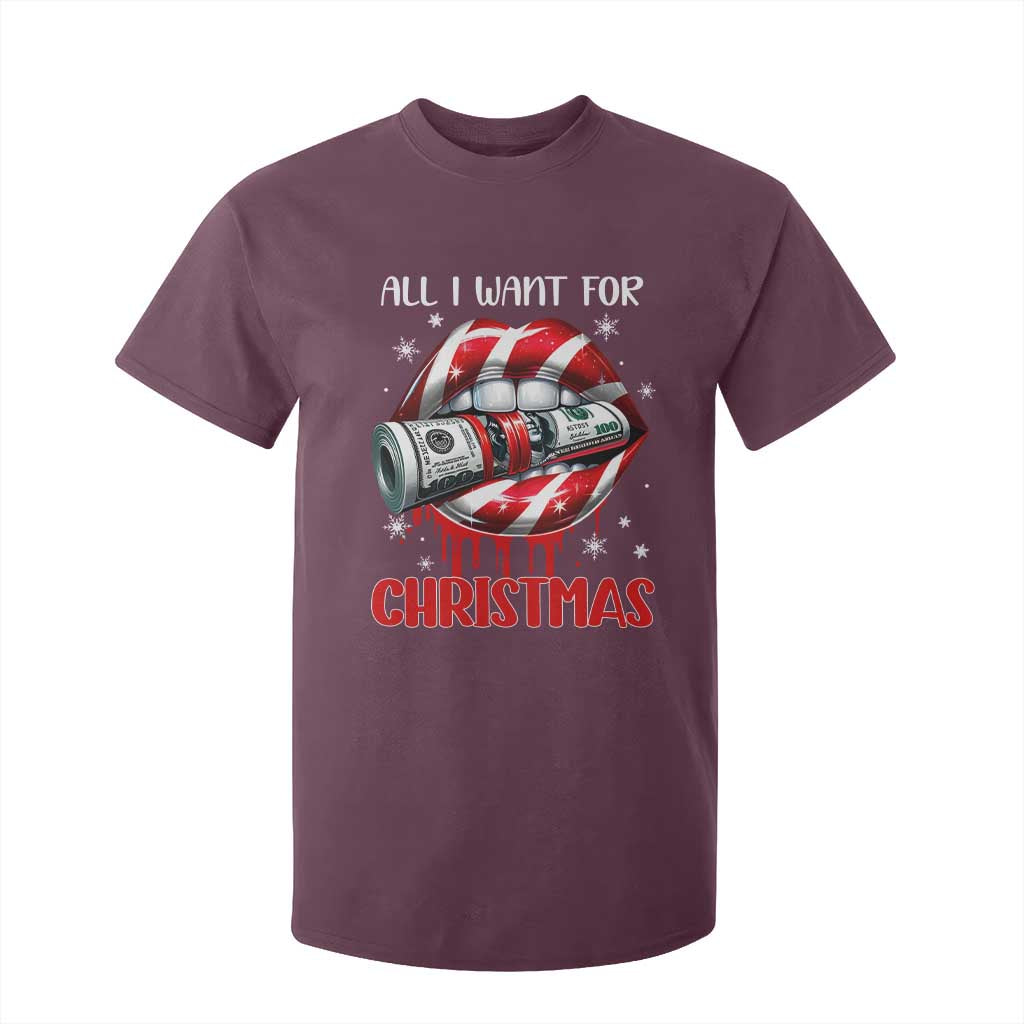 Funny All I Want For Christmas Is Money T Shirt For Kid Candy Cane Lips TS11 Maroon Print Your Wear