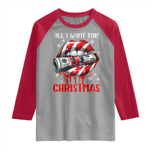 Funny All I Want For Christmas Is Money Raglan Shirt Candy Cane Lips TS11 Sport Gray Red Print Your Wear