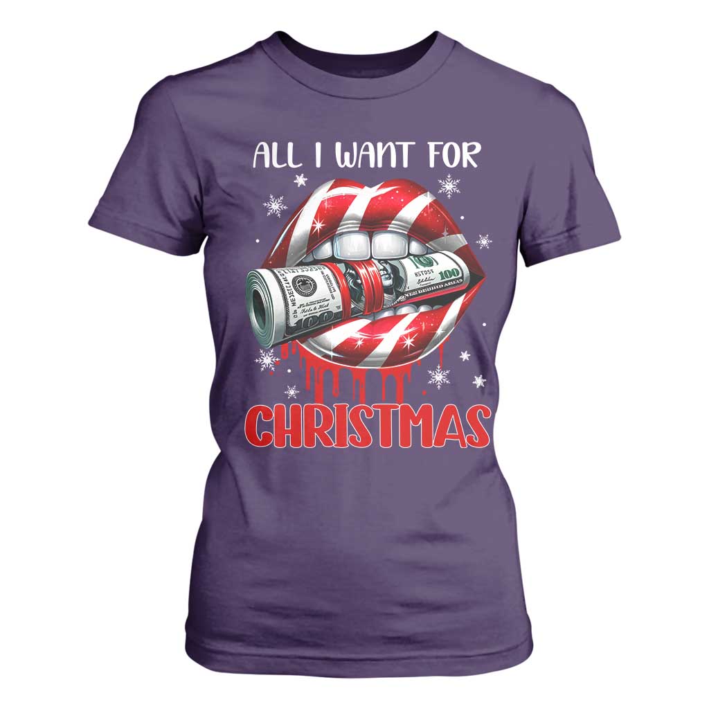Funny All I Want For Christmas Is Money T Shirt For Women Candy Cane Lips TS11 Purple Print Your Wear