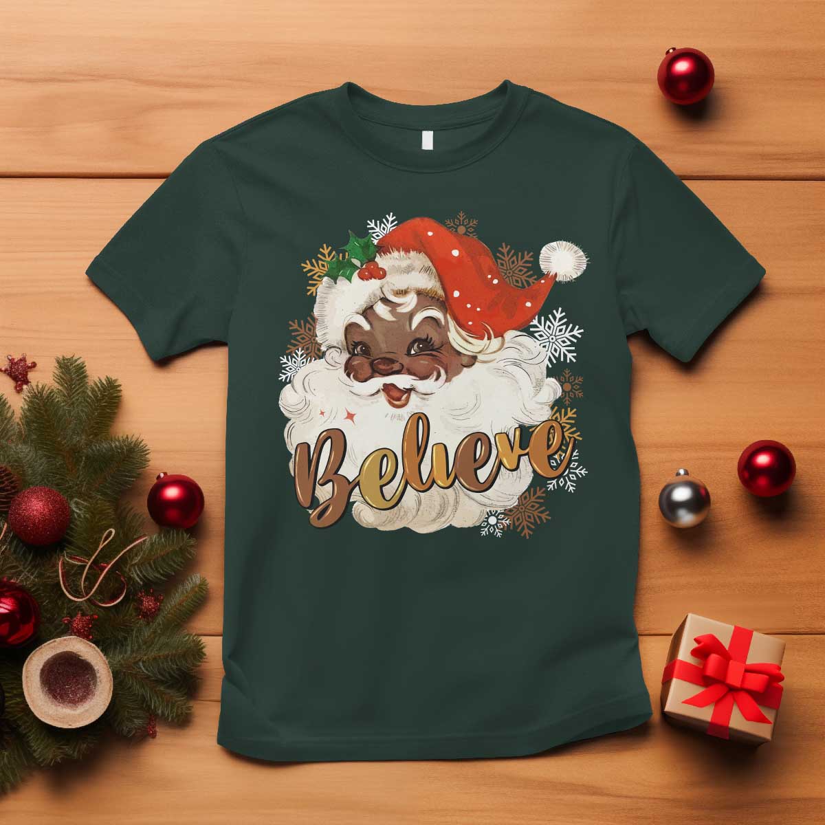 Funny Retro Black Santa Christmas T Shirt Believe African American Xmas TS11 Dark Forest Green Print Your Wear