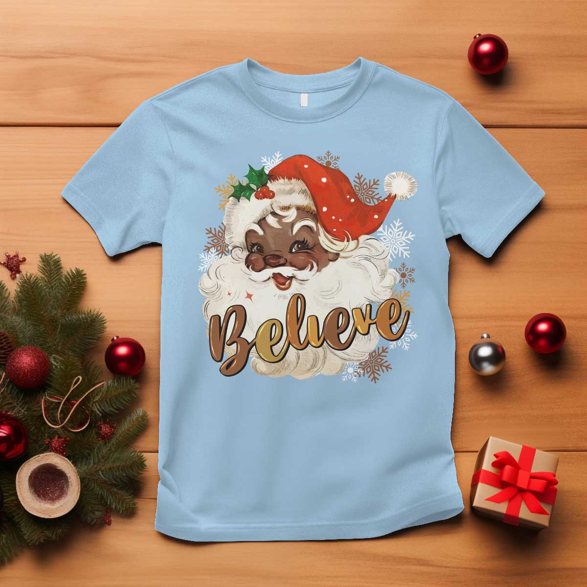 Funny Retro Black Santa Christmas T Shirt Believe African American Xmas TS11 Light Blue Print Your Wear