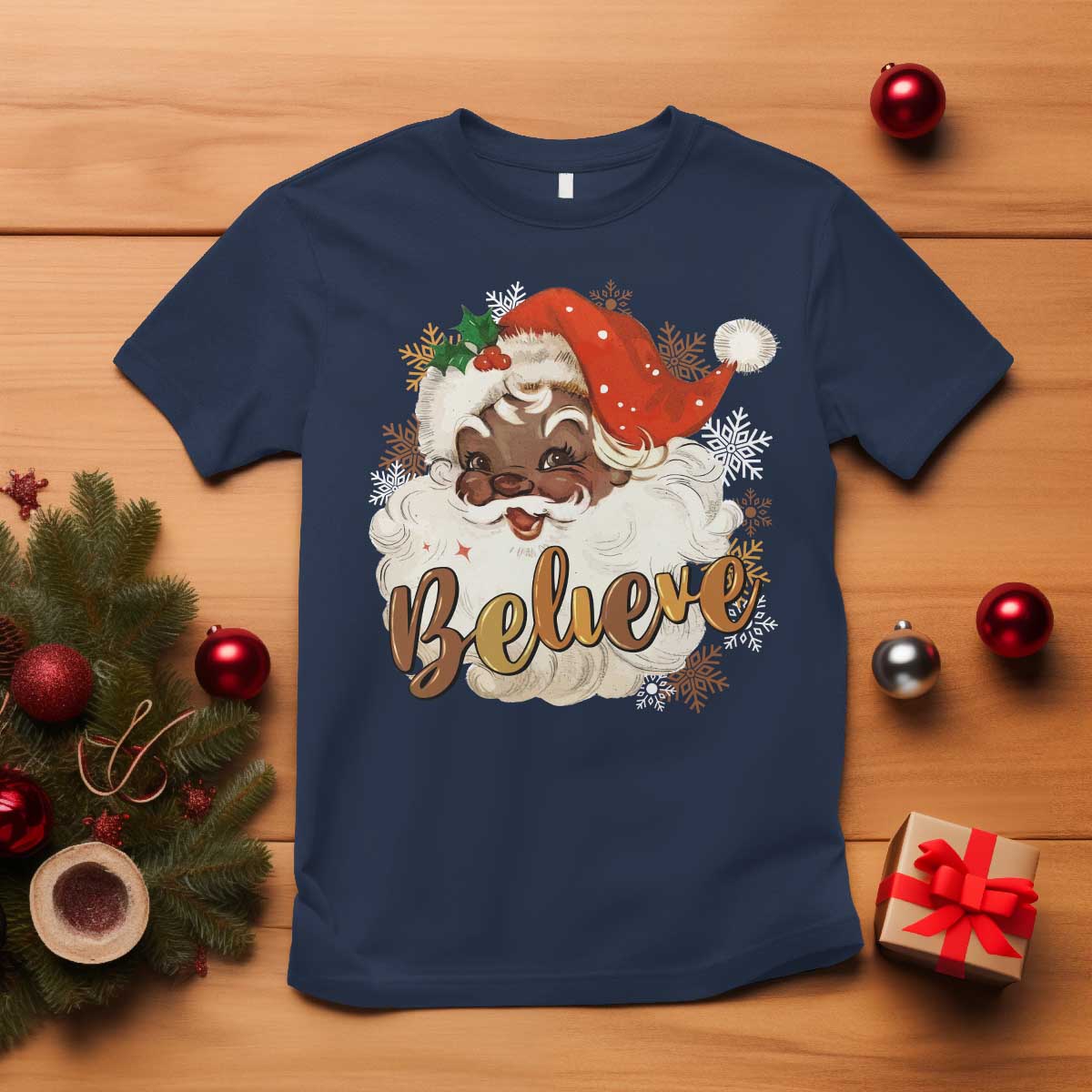 Funny Retro Black Santa Christmas T Shirt Believe African American Xmas TS11 Navy Print Your Wear