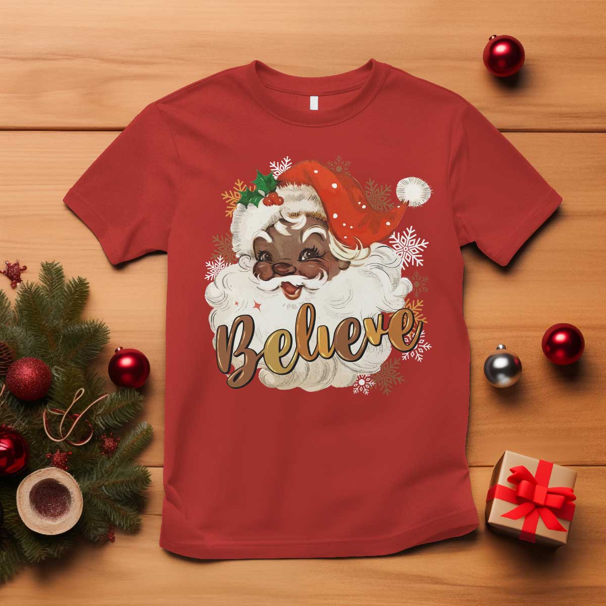 Funny Retro Black Santa Christmas T Shirt Believe African American Xmas TS11 Red Print Your Wear