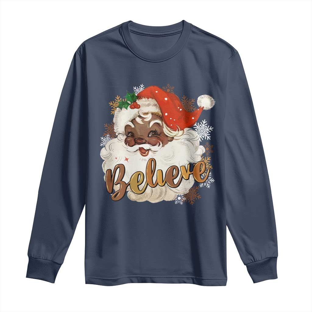 Funny Retro Black Santa Christmas Long Sleeve Shirt Believe African American Xmas TS11 Navy Print Your Wear