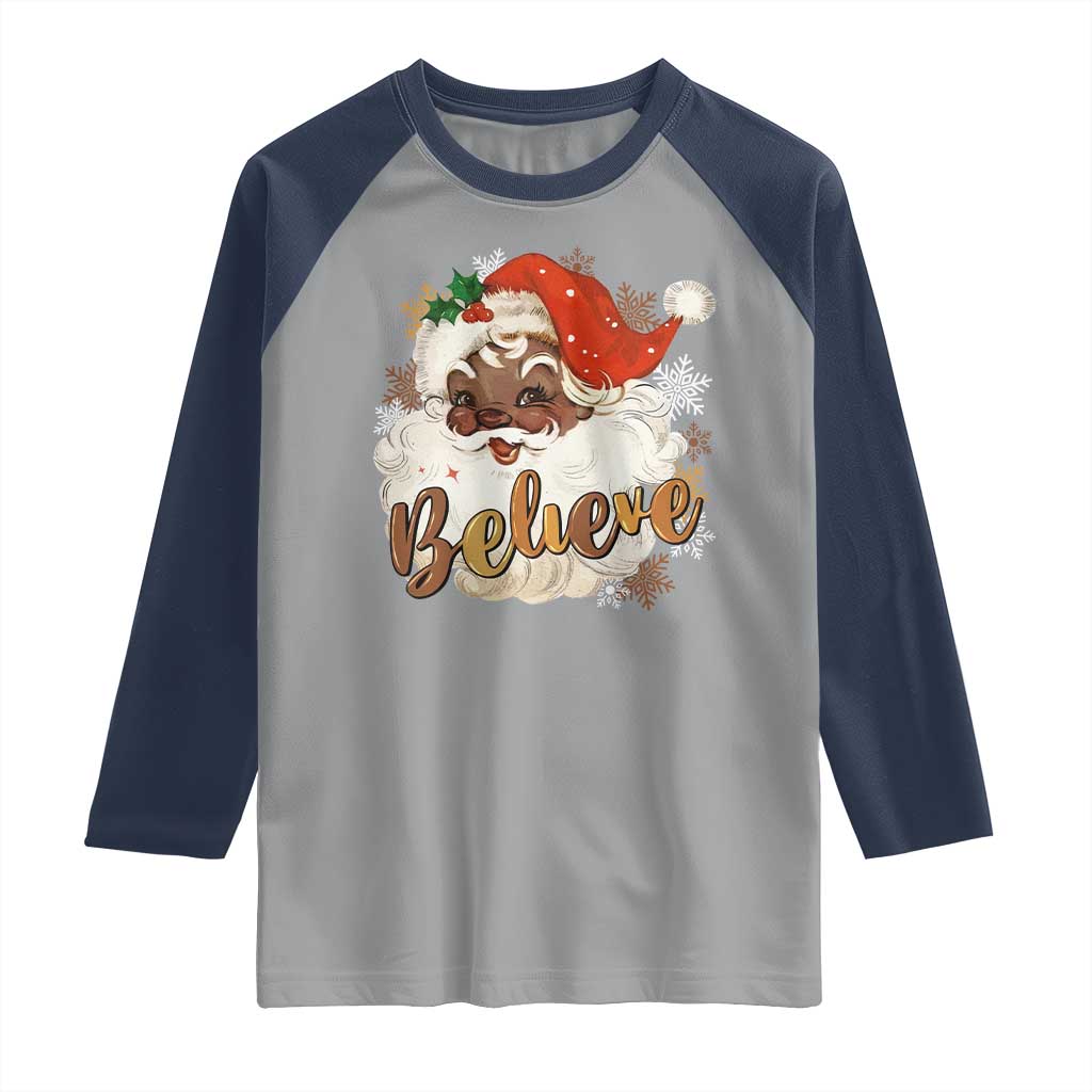 Funny Retro Black Santa Christmas Raglan Shirt Believe African American Xmas TS11 Sport Gray Navy Print Your Wear