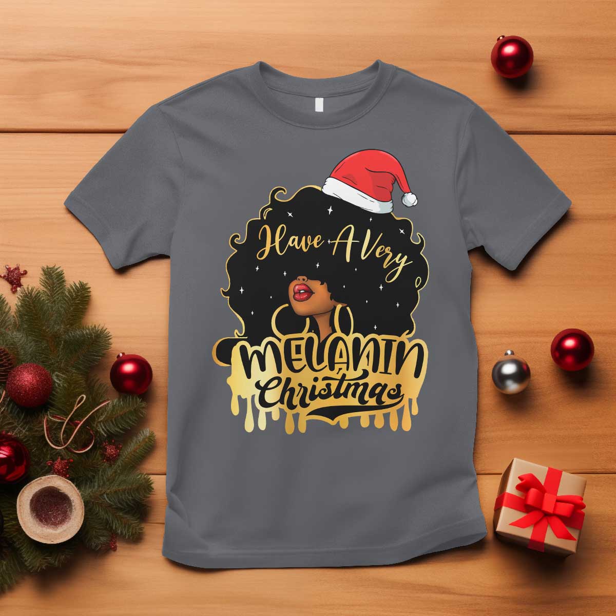 Have A Melanin Christmas African American Santa Girl Xmas T Shirt TS11 Charcoal Print Your Wear
