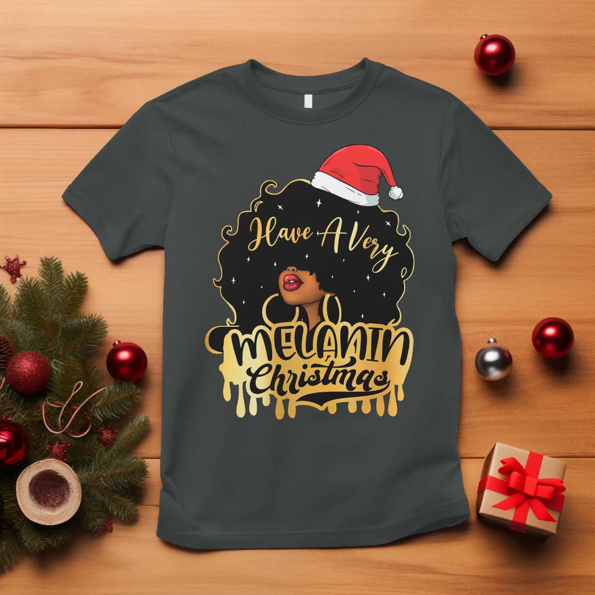 Have A Melanin Christmas African American Santa Girl Xmas T Shirt TS11 Dark Heather Print Your Wear