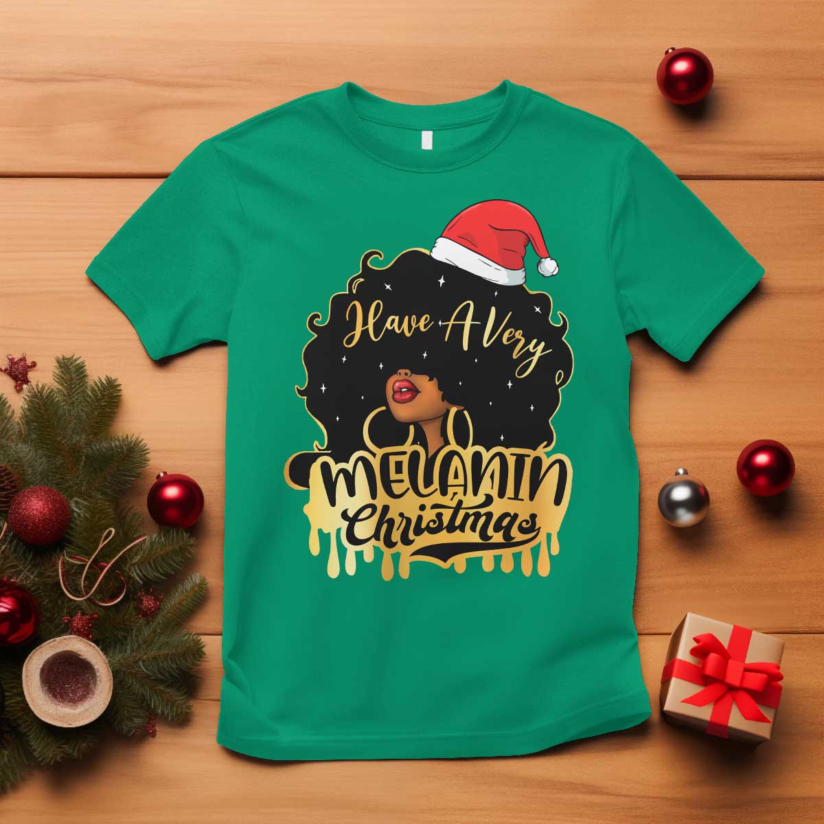 Have A Melanin Christmas African American Santa Girl Xmas T Shirt TS11 Irish Green Print Your Wear
